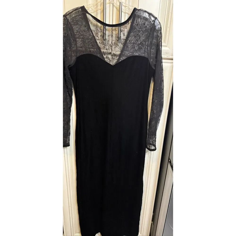 Signature By Robbie Bee Women's Sheer Lace Velvet Long Sleeve Dress Black Sz 6